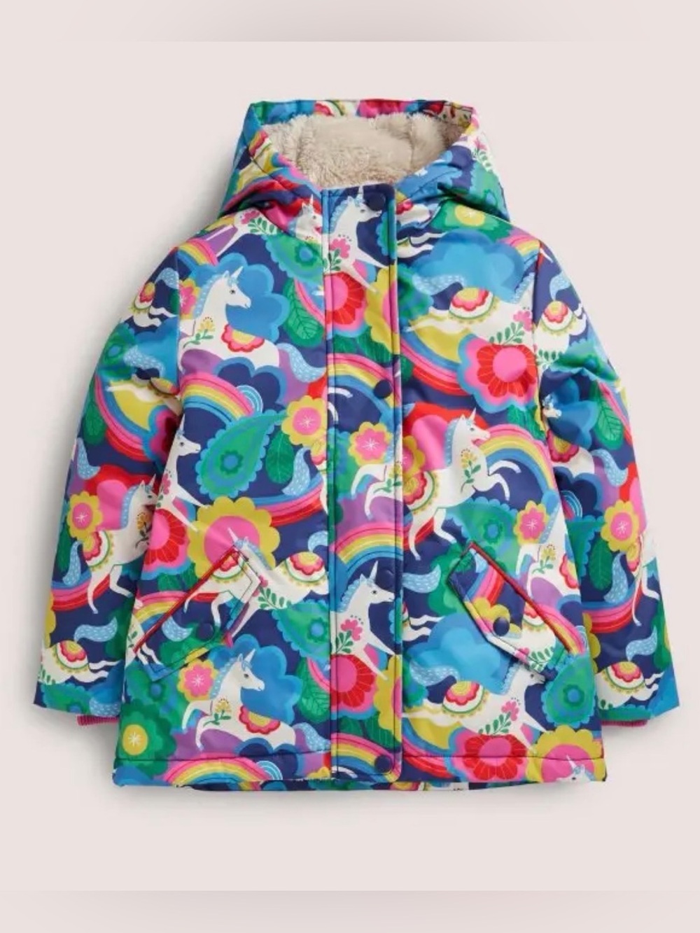MINI BODEN Unicorn Print Sherpa Lined Anorak - 4-5Y